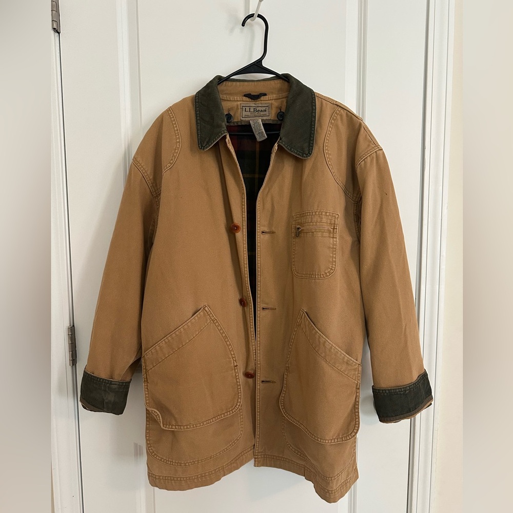Vintage L.L. Bean Men’s Large Tan Green Corduroy Work Barn Jacket Plaid Lining